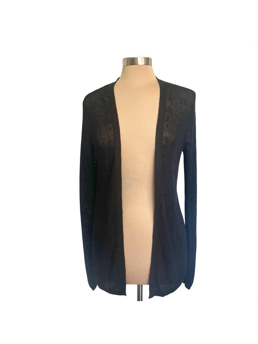 Ines De La Fressange + Uniqulo Black Mesh Open Front Cardigan Linen Womens LARGE